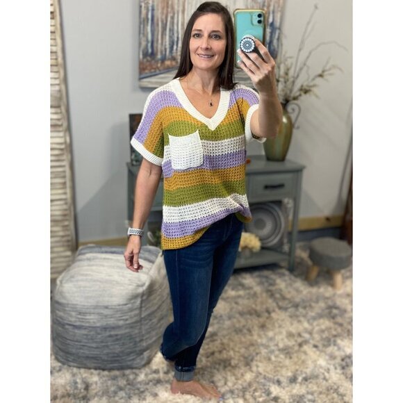 🎭Mardi Gras Deep V Neck Loose Striped Sweater Shirt Purple Green & Gold 5021 - Picture 2 of 8